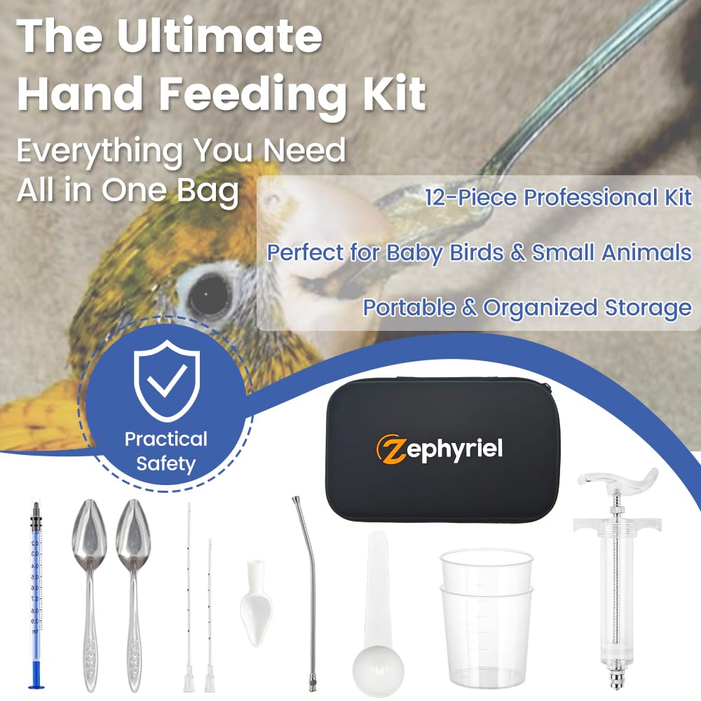 12 PCS Baby Bird Feeding Syringe Set with Storage Bag Professional Parrot Syringe Feeder Bird Hand Feeding Tubes Kit for Parakeets, Cockatiels, African & Amazon Grey Parrots, Cockatoos, Macaws