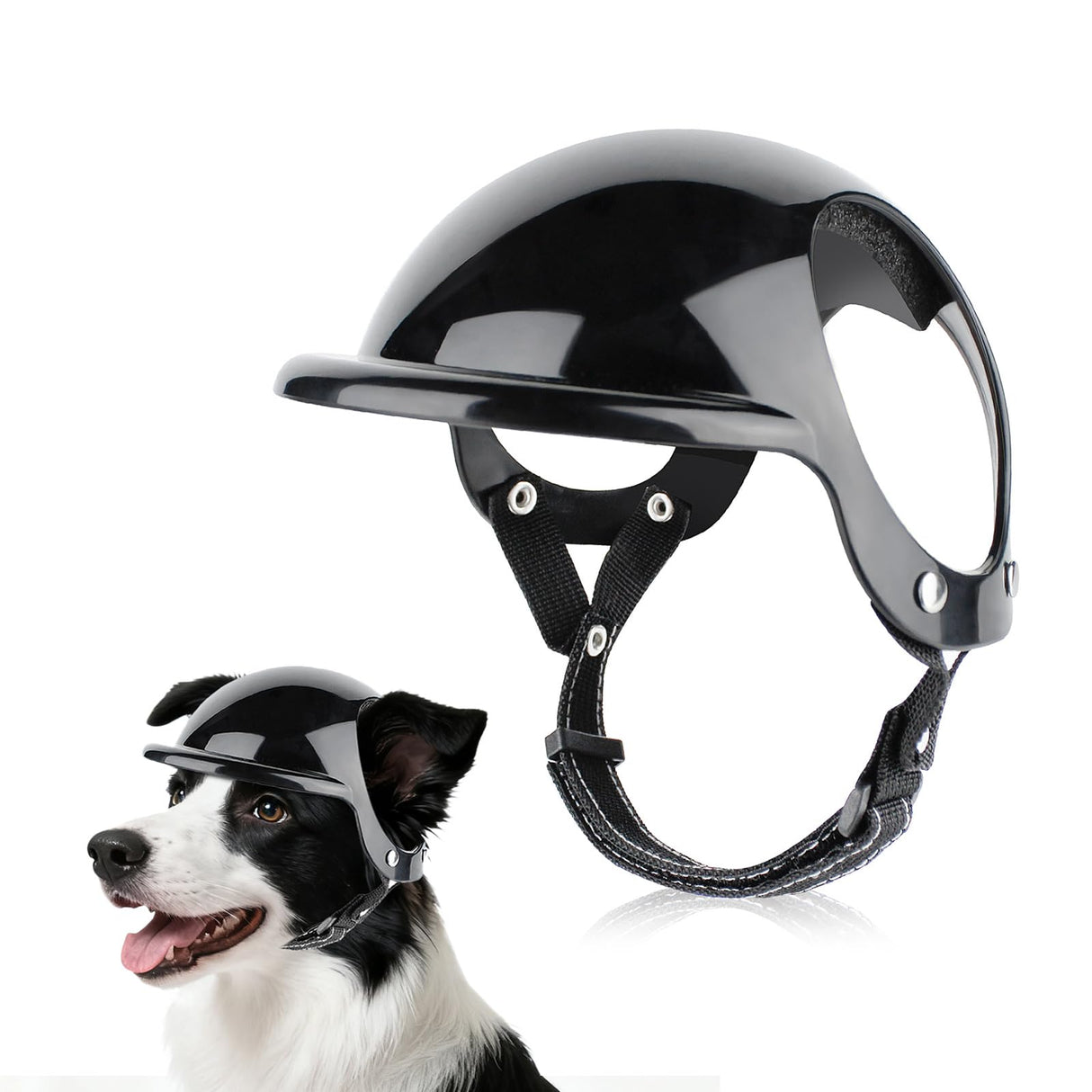Billionchains Medium Dog Helmet with Ear Holes - Adjustable, Lightweight, Hard Black Pet Helmet for Outdoor Activities/Motorcycle/Bike
