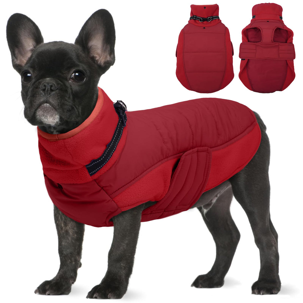 BRKURLEG Dog Winter Coat with Harness Built in, Warm Jacket for Small Medium and Large Dogs, Windproof Turtleneck Fleece Dogs Snowsuit with Hook & Loop, Reflective Christmas Dog Jacket, Red M