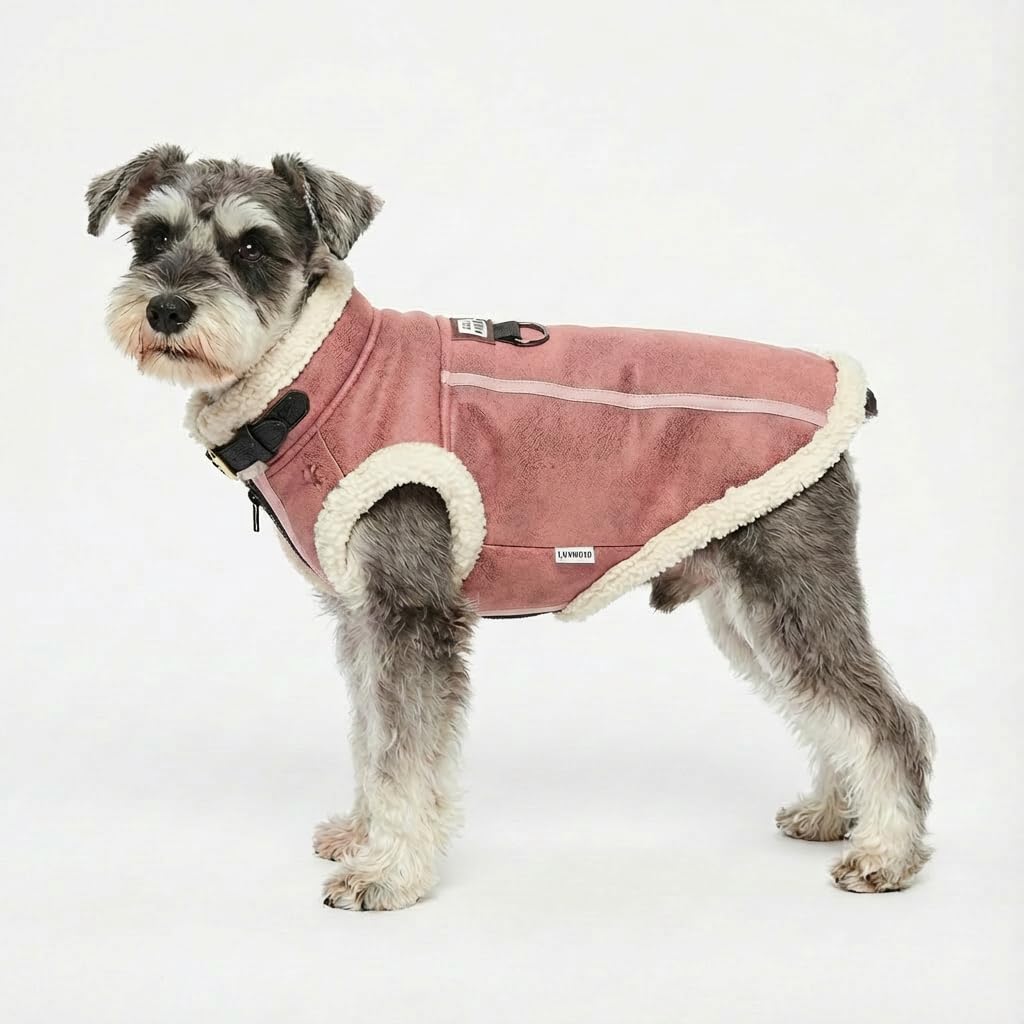 LUVMOJO Aviator Dog Jacket, Retro Faux Leather Winter Coats with Sherpa Lining for Puppy, Warm Bomber Uniform for Small and Medium Dogs & Cats, Girl Doggy Motorcycle Costumes Female, Pink, S