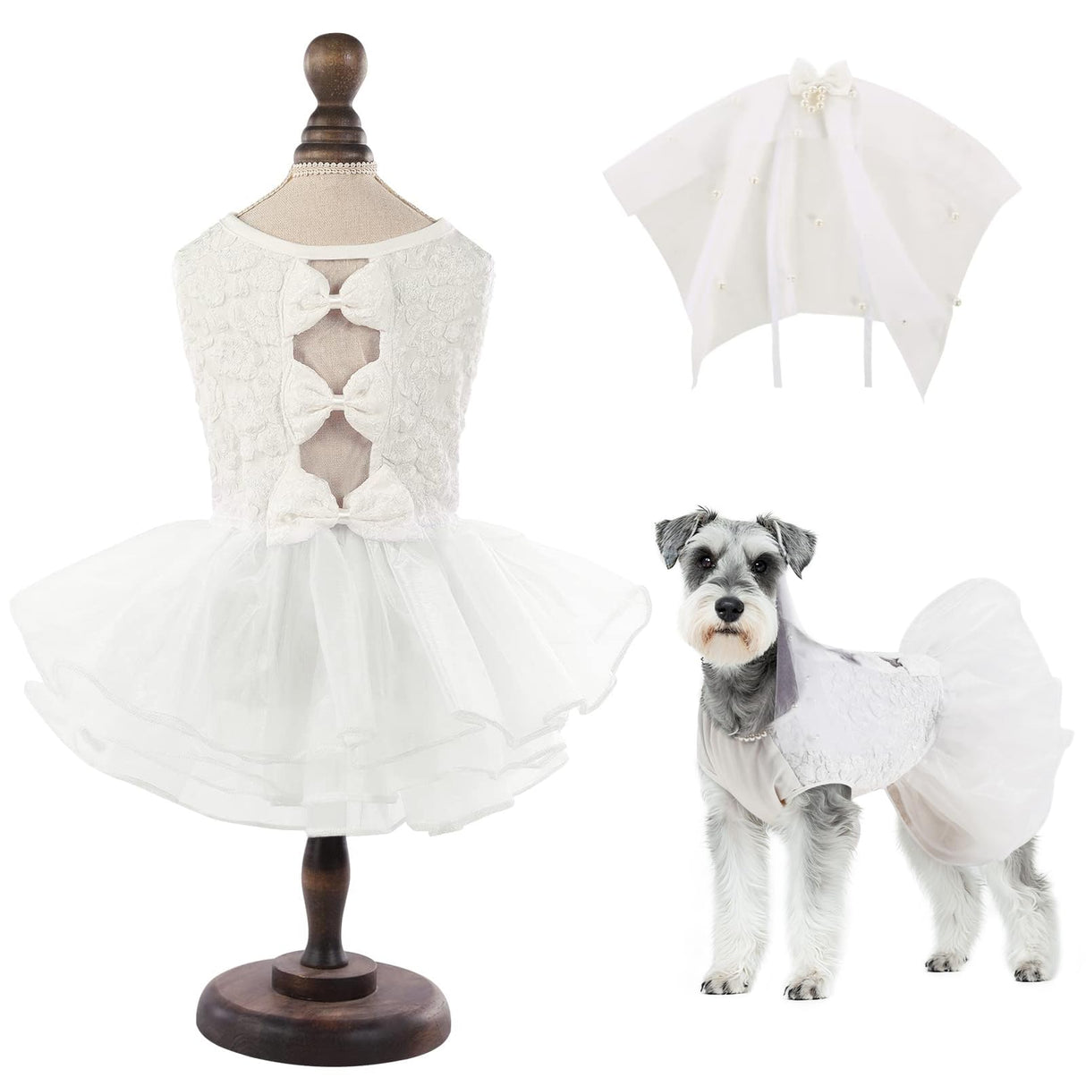 ASENKU Dog Dress, Dog Wedding Dress, Pet Lace Princess Dress with Bows for Wedding Birthday Party, Puppy Formal Apparel with Pearl Necklace for Medium Large Dogs (White, Large)