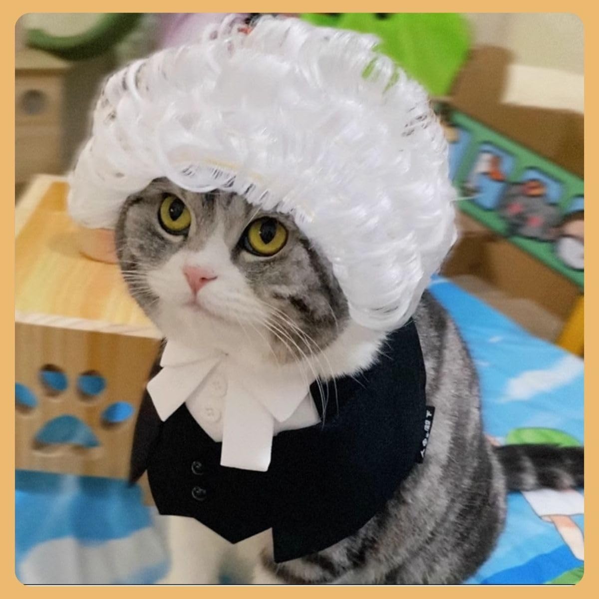 Cat Lawyer Costume Accessories - Adjustable Bow Tie Collar & White Judge Wig for Cats Small Dogs, Courtroom Cosplay for Easter Halloween Parties (Large,Wig)
