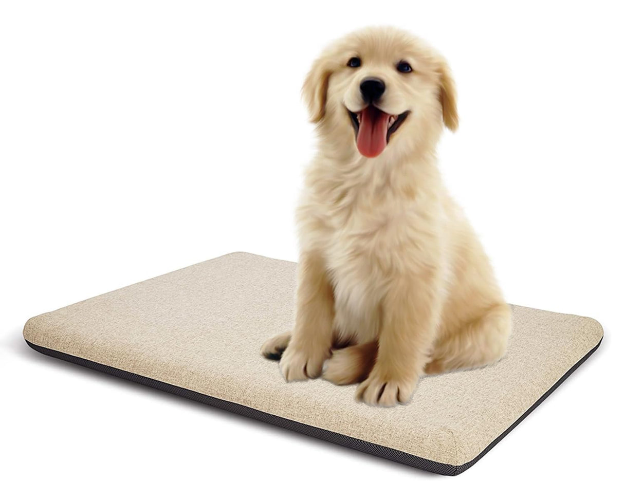 Panku Orthopedic Dog Beds for Median Dogs, Dog Pad for Crate with Durable Washable Waterproof Linen Removable Cover, Cream White