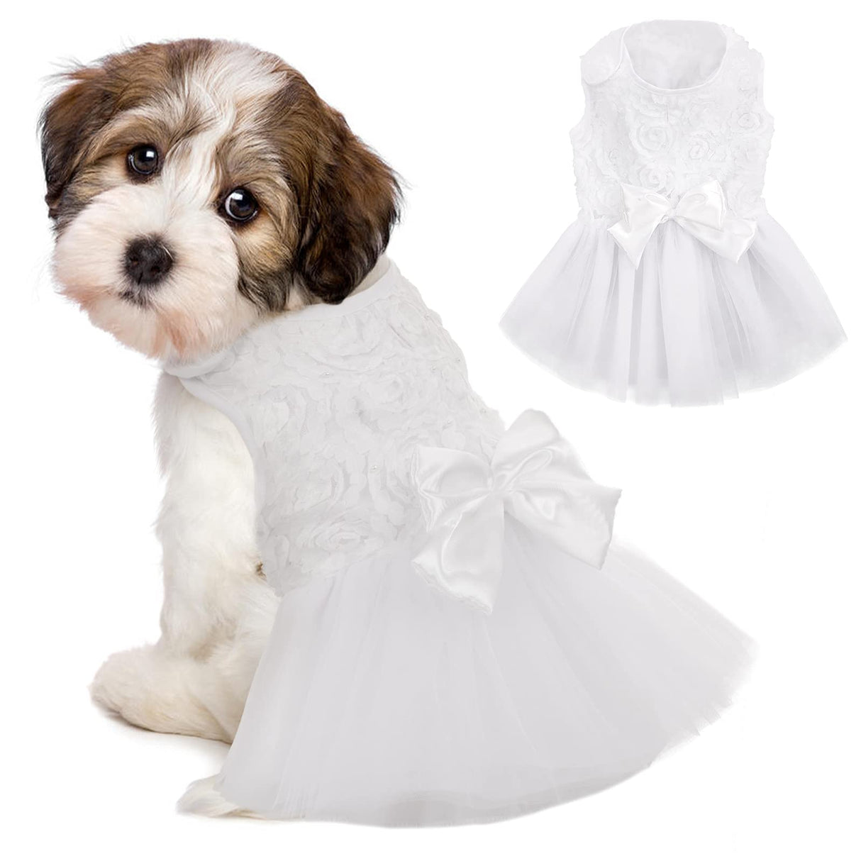 IDOMIK Dog Wedding Dress Puppy Bowknot Princess Skirt, Pet Bride Pure White Lace Tutu Formal Dress Flower Bubble Skirt Tulle Ruffle Sundress Vest Shirts,Birthday Party Costume for Small Dog Apparel XS