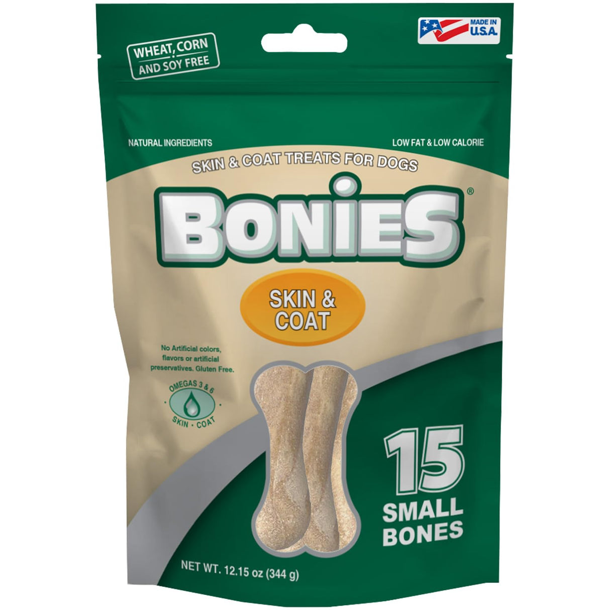 Bonies Natural Skin & Coat Formula Small-Sized Single Bone - Promote Silky Coat & Healthy Skin, Healthy Teeth & Fresh Breath, Low Calories - Chicken Flavor, Small Dogs, 15 Count