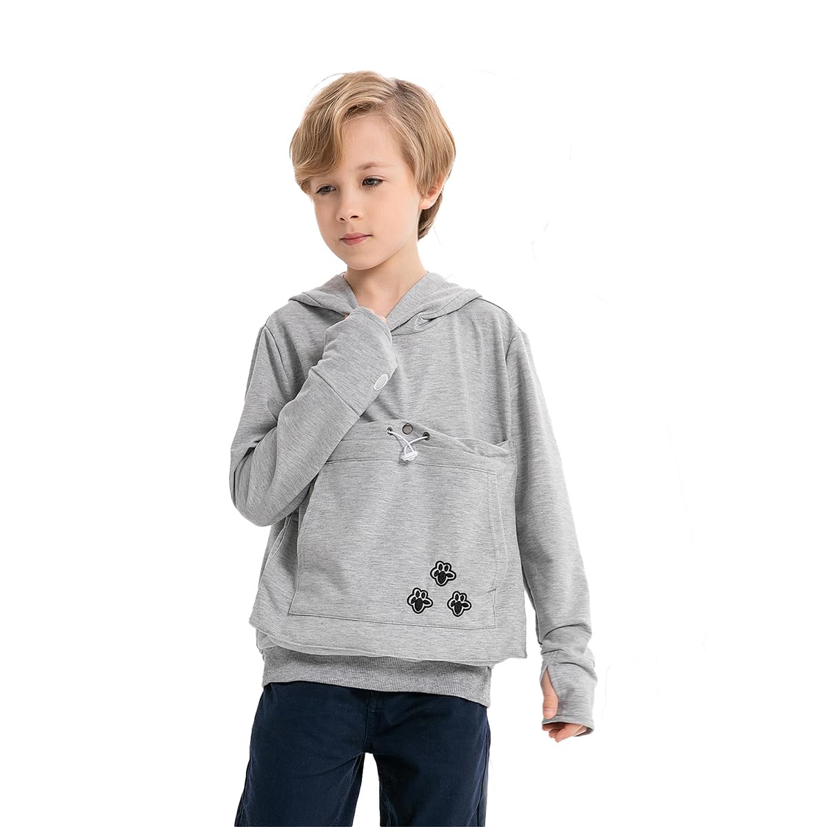 Boys Girls Cat Pouch Hoodie - Kitten Puppy Carrier Holder Sweatshirt Long Sleeve Cat Ear Pullover Tops Grey