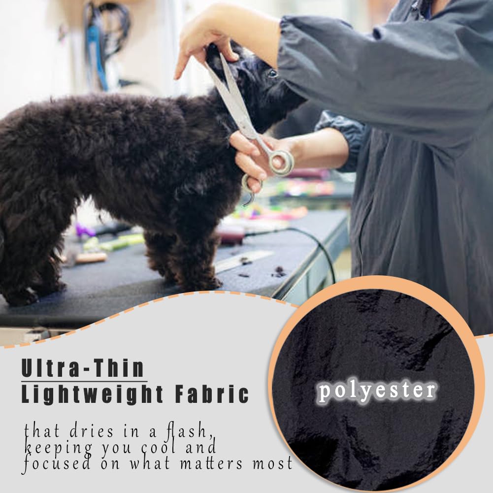 suweisua Dog Grooming Smock for Men Women, Anti-Static Smock for Pet Shop Dog Cat Grooming Bathing, Long Sleeves, Water Resistant and Hair Proof, (Black with Print Schnauzer L)