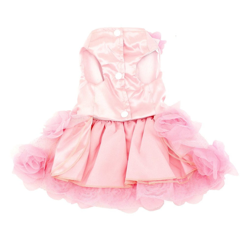 SMALLLEE_Lucky_Store Pet Small Dog Wedding Dress with Bowknot Birthday Party Costume Satin Rose Pearls Girl Formal Dress Cat Tutu Pink, Medium