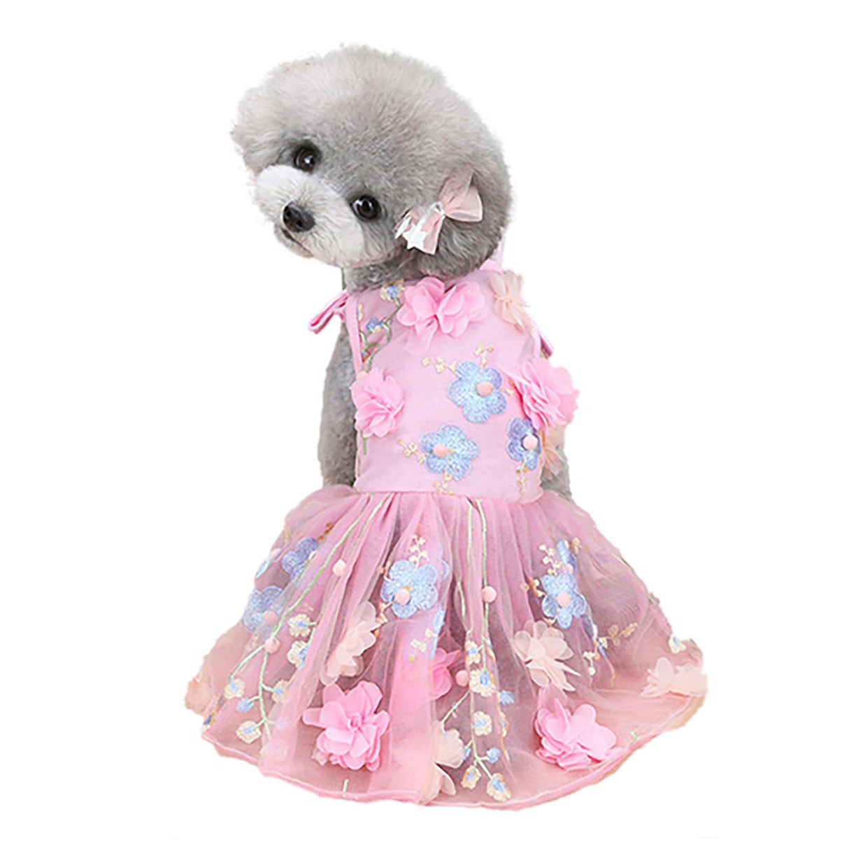 SEIS Flower Lace Dog Dress Cat Princess Suspender Costume Puppy Tutu Floral&Bow Clothes Puppy Embroidery Skirt for Cats Teddy Dog Small Medium Dogs (Pink, L (Chest Circumference 47cm/18.5"))