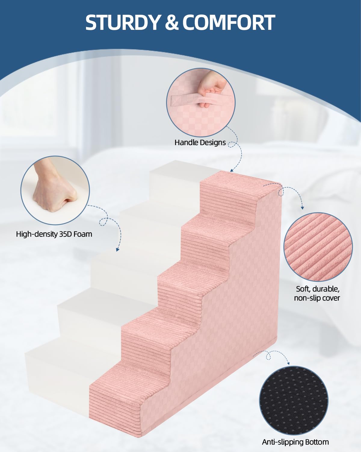 Vfrog Dog Stairs for Small Dogs,17.5" H,4-Step Dog Steps Ramp for Bed and Couch with High Density Foam,Non-Slip Pet Steps for Dogs and Cats,Pet Stairs with a Washable Cover,Pink