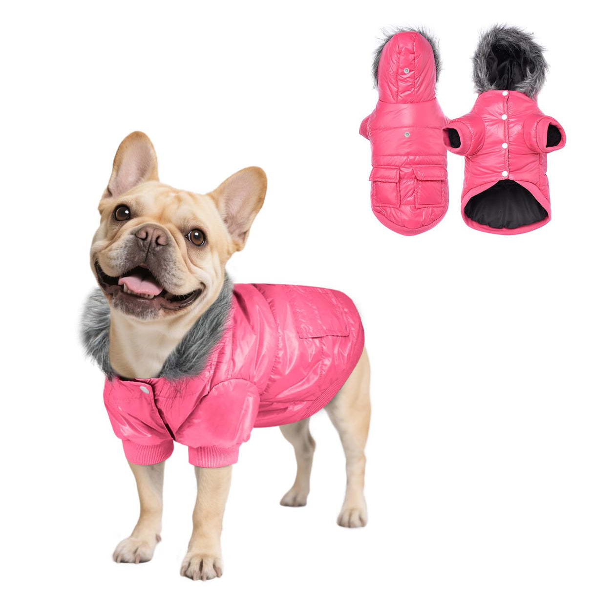 PETLESO Dog Coat for Small Dogs, Winter Pet Warm Jacket Cold Weather Windproof Puffer Jacket with Leash Hole, Button Fixable Hat, Pink XXL