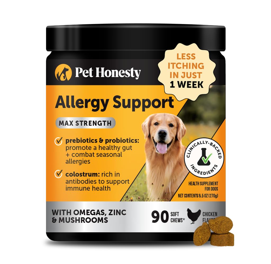 Dog Allergy + Itch Relief Max Strength Chews – Probiotic Supplement for Dogs with Colostrum, Omega Fatty Acids – Supports Seasonal Allergy Relief, Healthy Skin, Coat & Immune System (Chicken, 90ct)