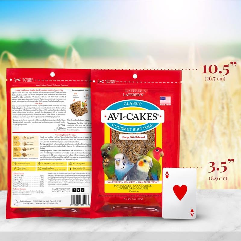 LAFEBER'S Classic Avi-Cakes Pet Bird Food, Made with Non-GMO and Human-Grade Ingredients, for Cockatiels Conures Parakeets (Budgies) Lovebirds (8 oz Pack of 2)