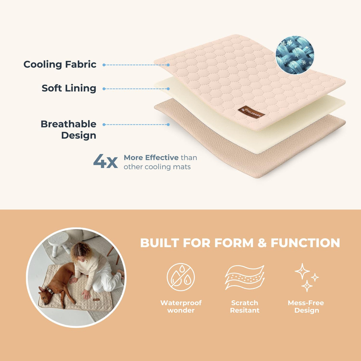 Pelsbarn Dog Cooling Mat- Ice Silk Summer Comfort, Self Cooling, Non-Slip Dog Pad, Durable & Washable, Mat for Small Dogs 18"" x 21"", Support Shelter Dogs with Every Purchase (Beige)