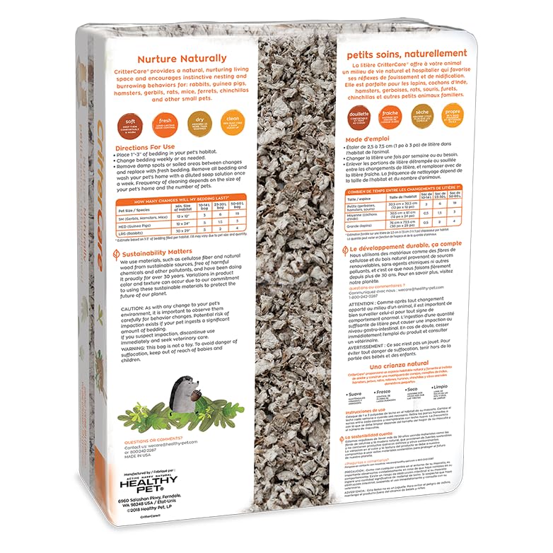 CritterCare Natural Paper Small Pet Animal Bedding - Odor Control, Unscented, 99% Dust Free, Super Absorbent, Natural, 60L, Great for Rabbits, Guinea Pigs, Hamsters, Gerbils, Mice, Rats