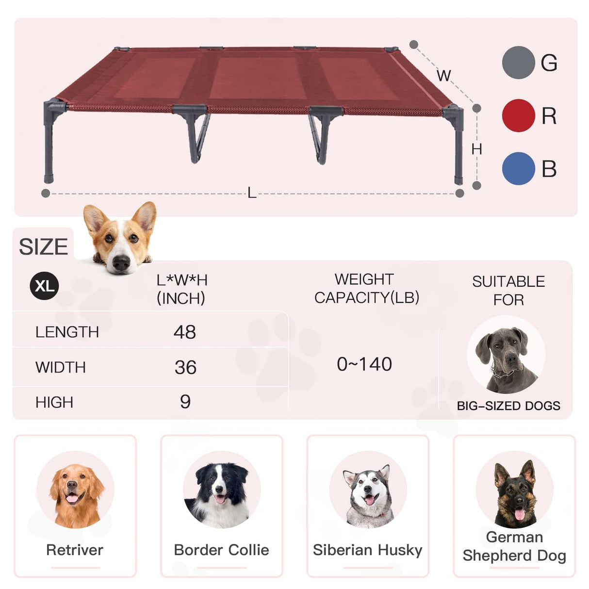 SUDDUS Elevated Dog Bed Waterproof Outdoor, Portable Raised Dog Bed, Dog Bed Off the Floor, Dog Bed Easy Clean Indoor or Outdoor Use, Medium, Red