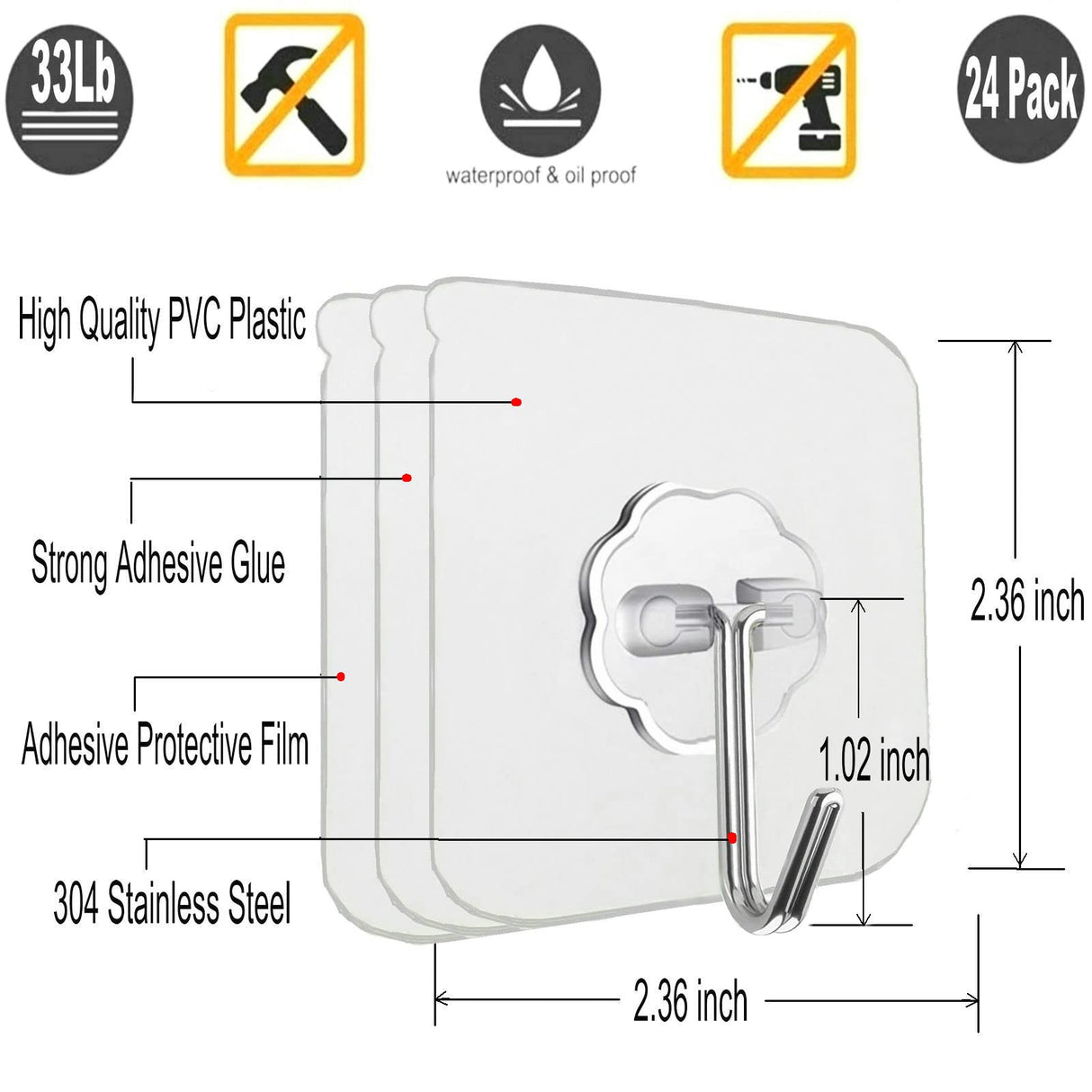 24 Pack Adhesive Wall Hooks 33LB Heavy Duty No Drill Transparent Waterproof Hooks for Bathroom Kitchen Towel Coat Office Home Outdoor