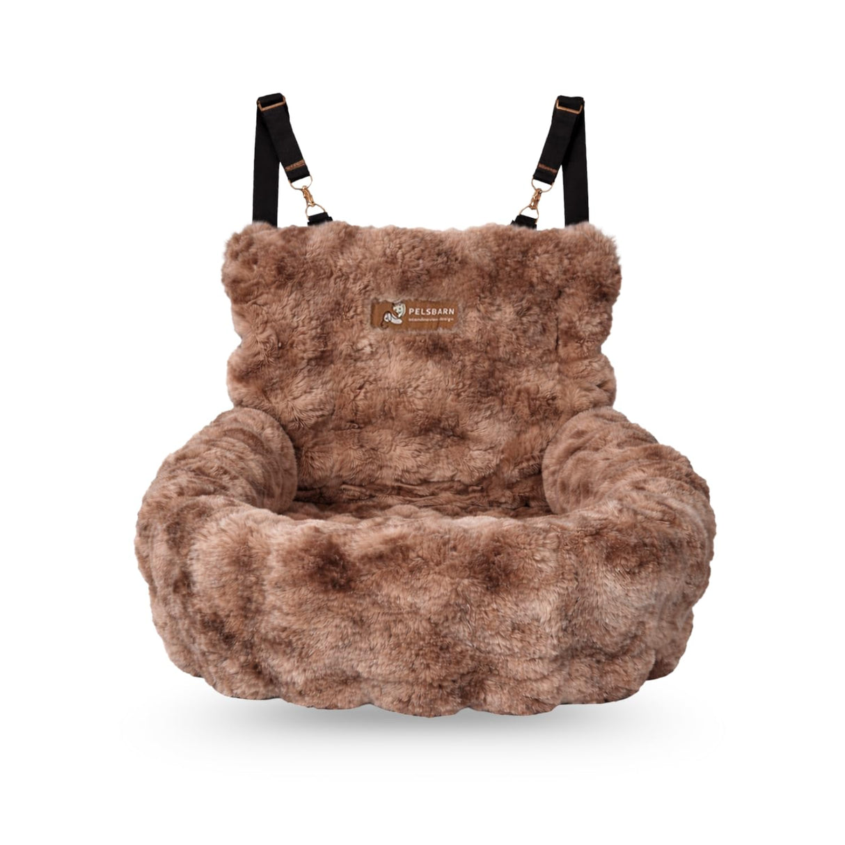 Pelsbarn Luxurious Cozy Car Bed - Small Luxury Travel Dog Bed with Safety Belt - Ultra Soft Faux Fur - Brown