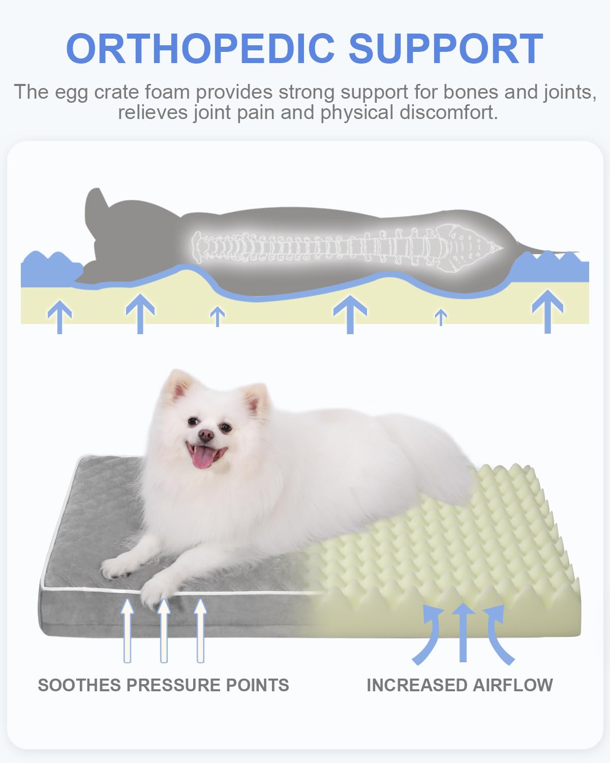 KSIIA Orthopedic Dog Bed Medium Size Dog with Removable Machine Washable Cover Waterproof Crate Pad with Egg Crate Foam and Non-Slip Bottom, 29x18 Inch, Light Gray