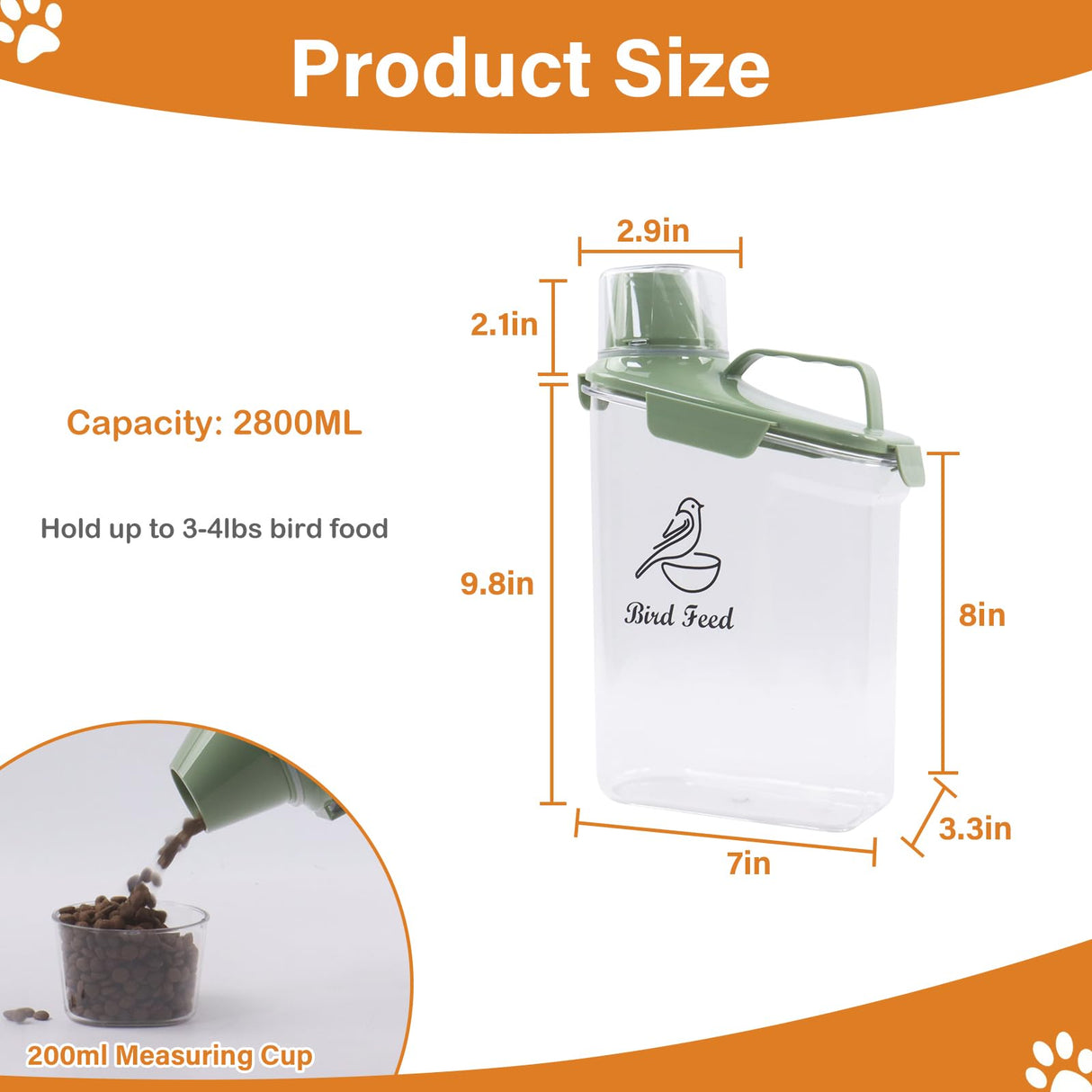 Brabtod Bird Seed Storage Container Portable-3 Qt/2.8 L Clear Pet Food Container-with Measuring Cup/Lid,Airtight Wild Bird Seed Dispenser for Storing Sunflower Seed|Squirrel proof|BPA Free-Green