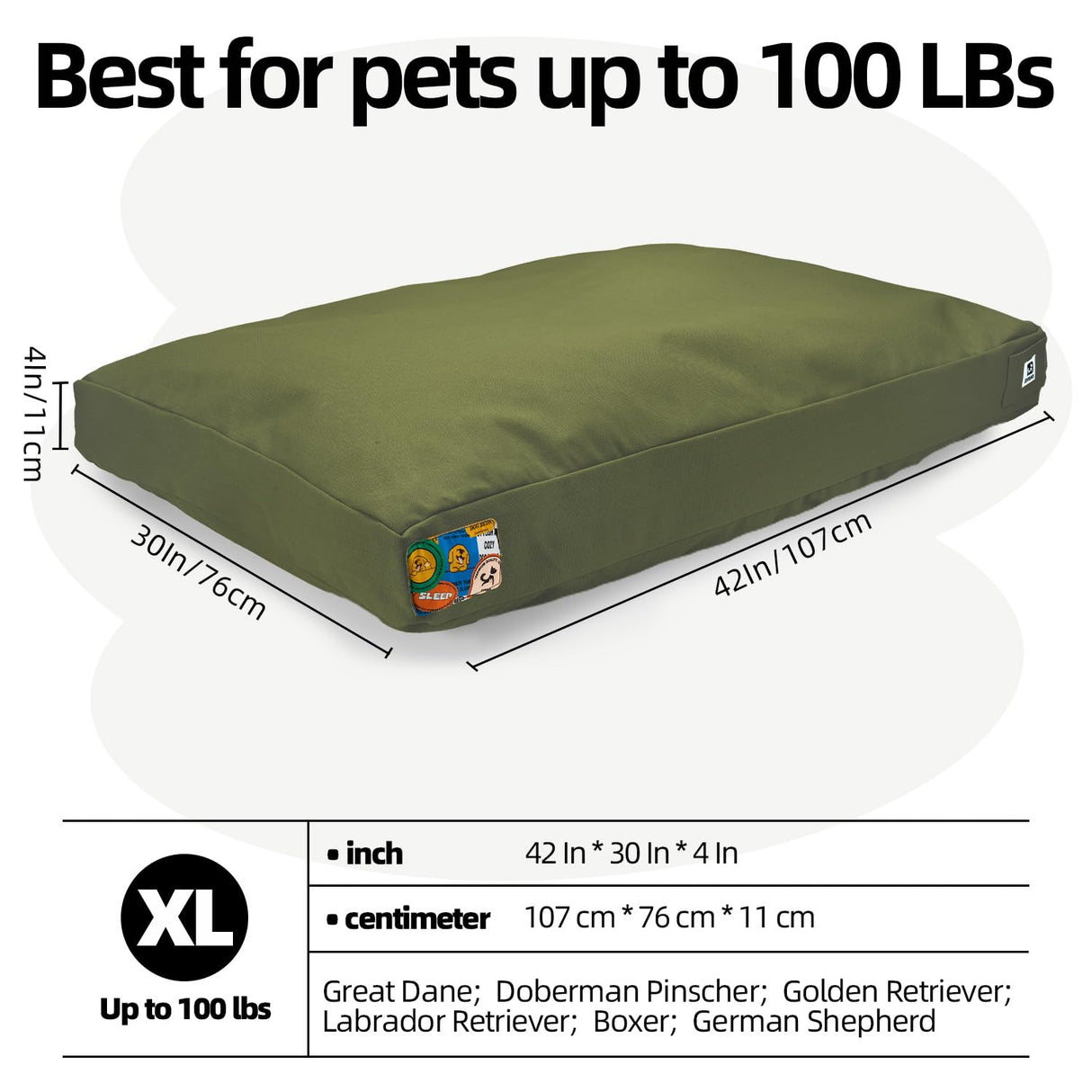 Sytopia 42 Inch Canvas Chew-Proof Outdoor Dog Bed for Extra Large Dogs, Waterproof Washable Removable Cover, Indoor Patio Pet Pad, Green