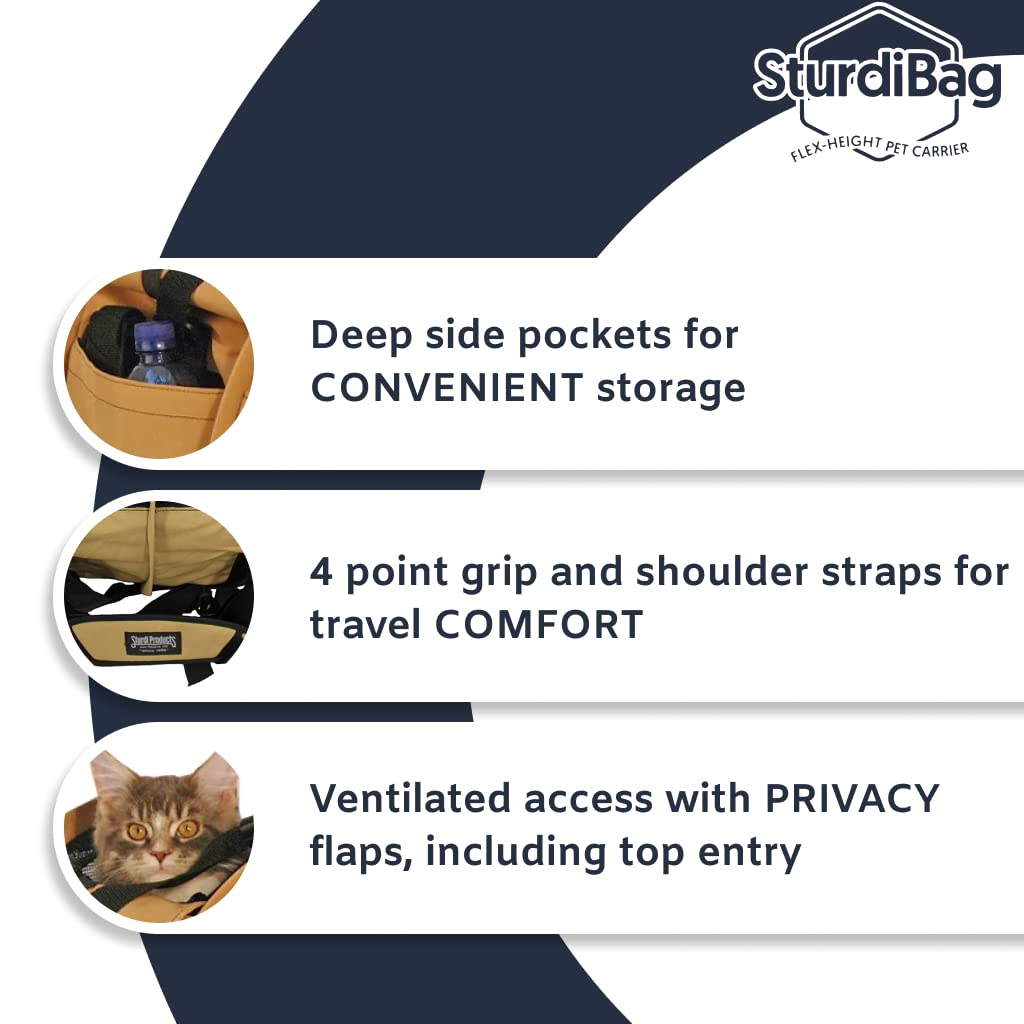 SturdiBag XL Pet Travel Carrier: Flexible Height for Cat and Dog Soft Sided with Safety Clips and Seatbelt Straps | Smoke, 20" x 16" x 12" (PN: SB3-PRO-SM)