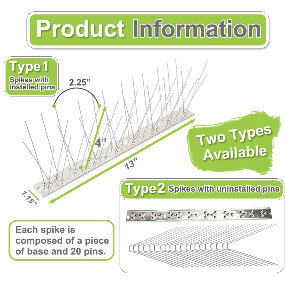 Valibe Bird Spikes for Pigeons Small Birds 100ft Bird Deterrent Devices Bird Repellet Spikes Stainless Steel Critter Pricker Woodpecker Cat with Uninstalled Pins