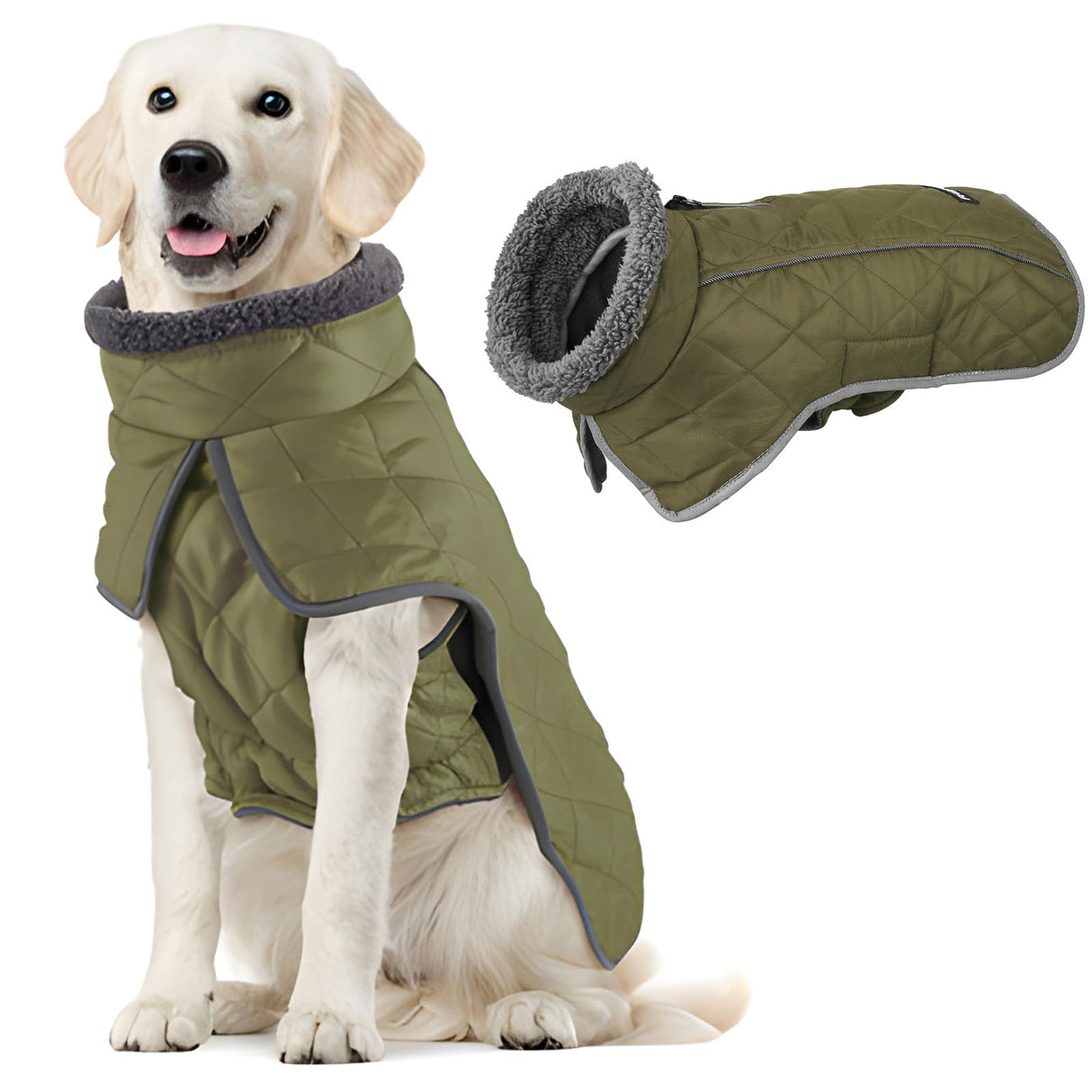 Fragralley Dog Coat Medium, Waterproof Dog Jacket with Warm Fleece Lining, Adjustable Reflective Dogs Winter Coat, Turtleneck Pet Coats for Cold Weather (ArmyGreen M)