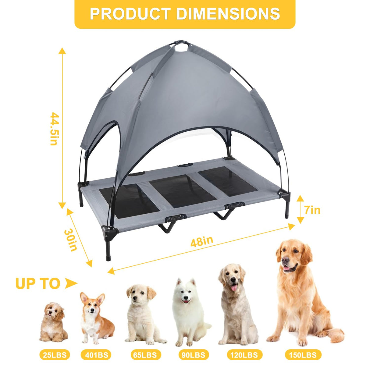 Elevated Dog Bed with Canopy, 48-inch Waterproof Pet Cot, Portable Outdoor Pet Bed with Carry Bag, Indoor/Outdoor Cooling Canopy Dog Tent for Large Dogs (Gray)