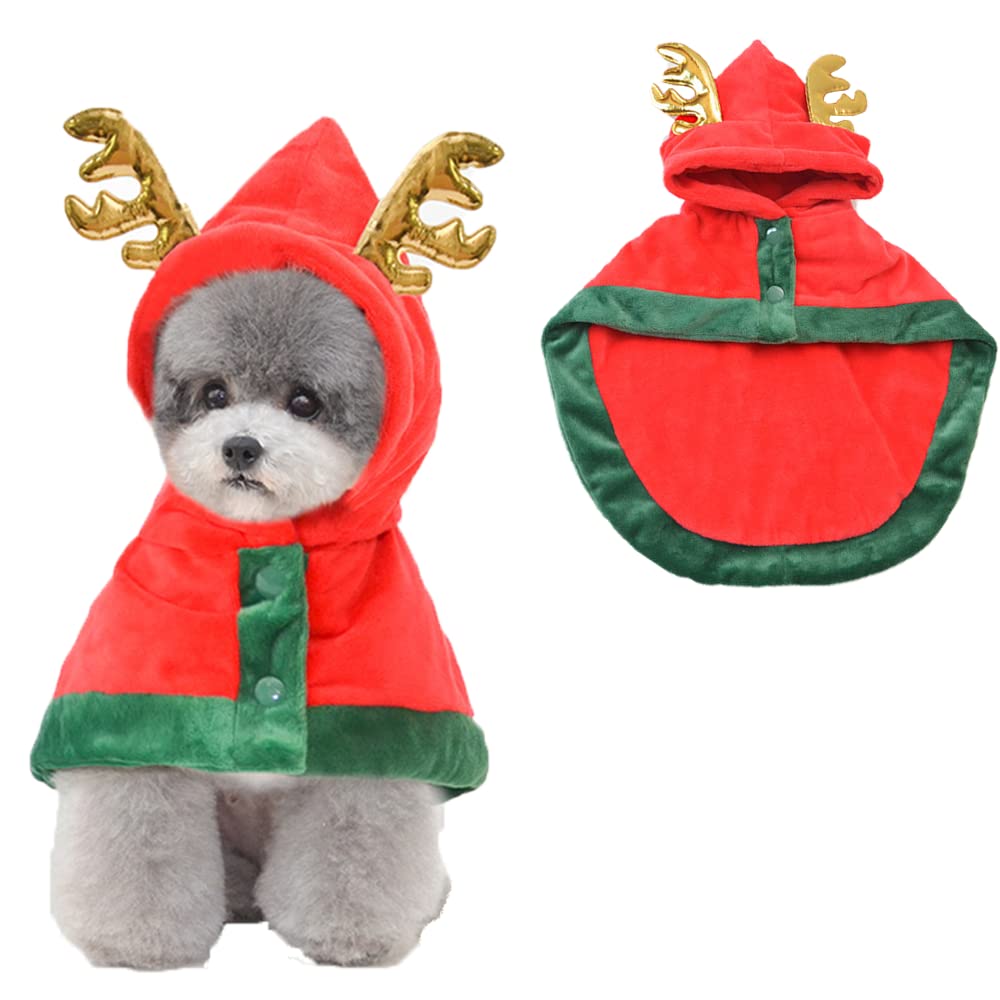 ANIAC Pet Christmas Costume Puppy Xmas Cloak with Antler Cat Santa Cape with Xmas Cap Party Cosplay Dress for Cats and Small Medium Dog (Medium, Red)
