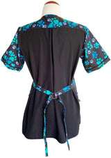 Ladybird Line 714 Blue Paw Print Waterproof Dog Grooming Smock, Hair Bleach Resistant Jacket, Covered Zipper Panel, Solid Black Back, Adjustable Belt, 2 Front Pockets, Pet Groomers Vet Clinics - XL