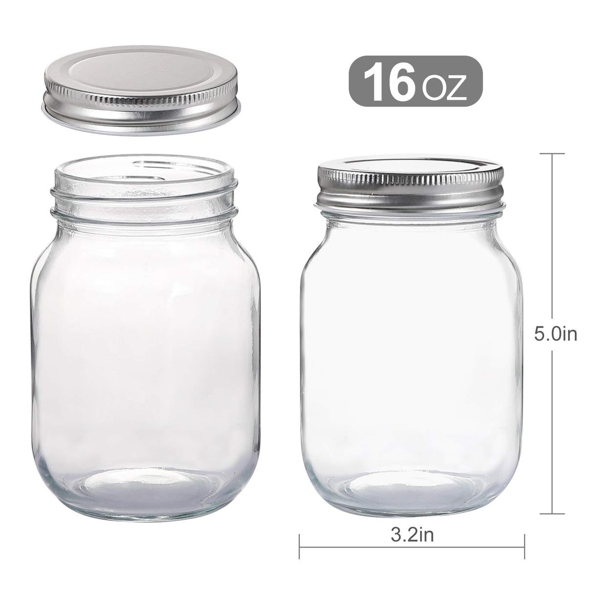 Glass Regular Mouth Mason Jars, 16 oz Clear Glass Jars with Silver Metal Lids for Sealing, Canning Jars for Food Storage, Overnight Oats, Dry Food, Snacks, Candies, DIY Projects (4PACK)