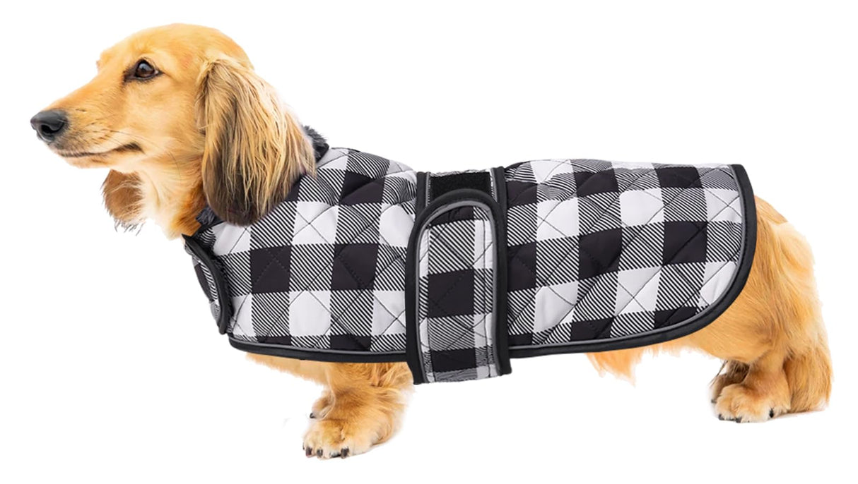 Geyecete Waterproof Warm Thermal Quilted Dachshund Coat with Warm Fleecy Lining Inside,Outdoor Dog Apparel with Adjustable Bands for Small,Medium Dog-Black-M