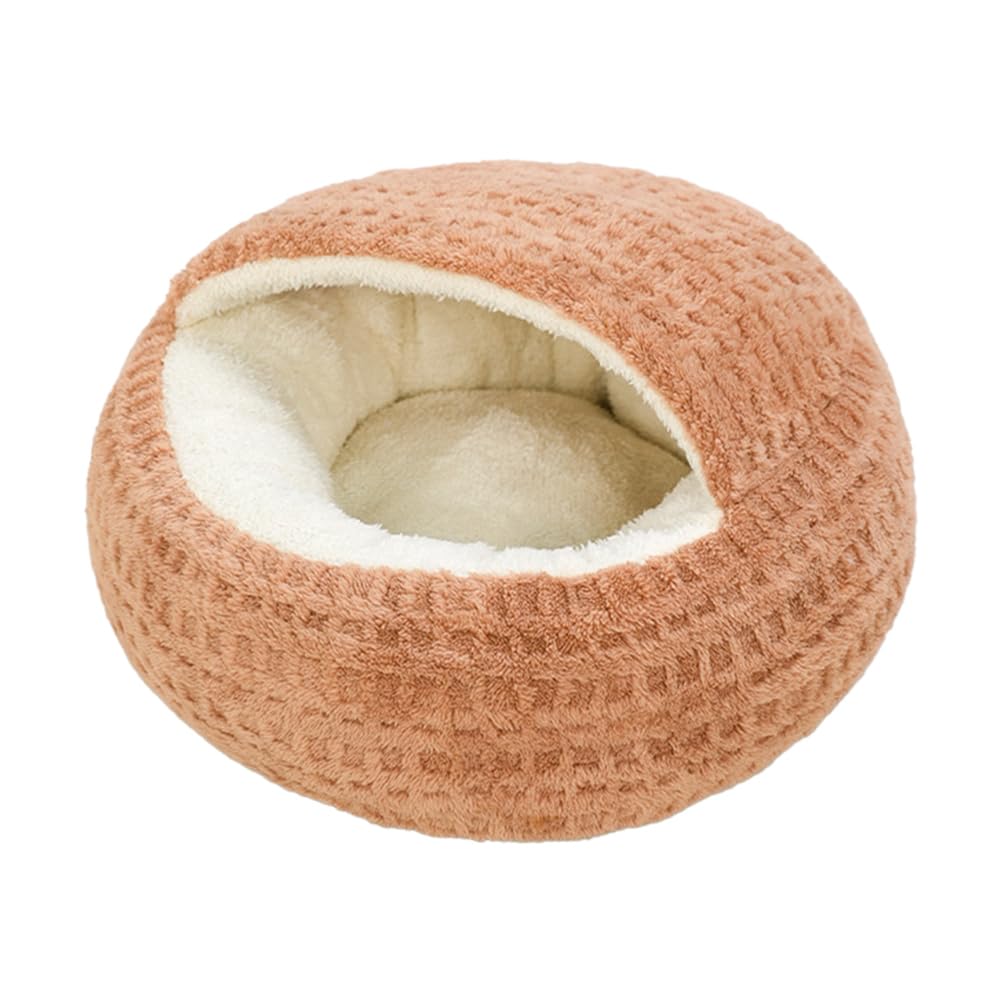 Plush Cat Bed Hooded Semi Enclosed Shell Shaped Pet Nest Cozy Warming Anti-Slip Small Dog Bed for Puppy and Kitten (Coffee, Small)