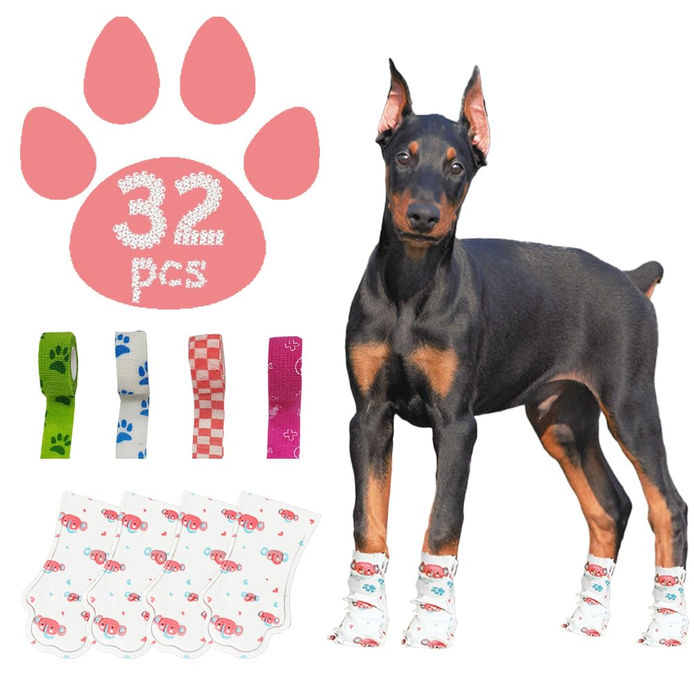 Disposable Dog Booties for Dogs Cats Paw Protector,Waterproof and Breathable with Adjustable Bandage,32Pcs Pet Booties for Small Medium Large Dogs Indoor & Outdoor Use(L,Paw Width:2.57~3.15inches)