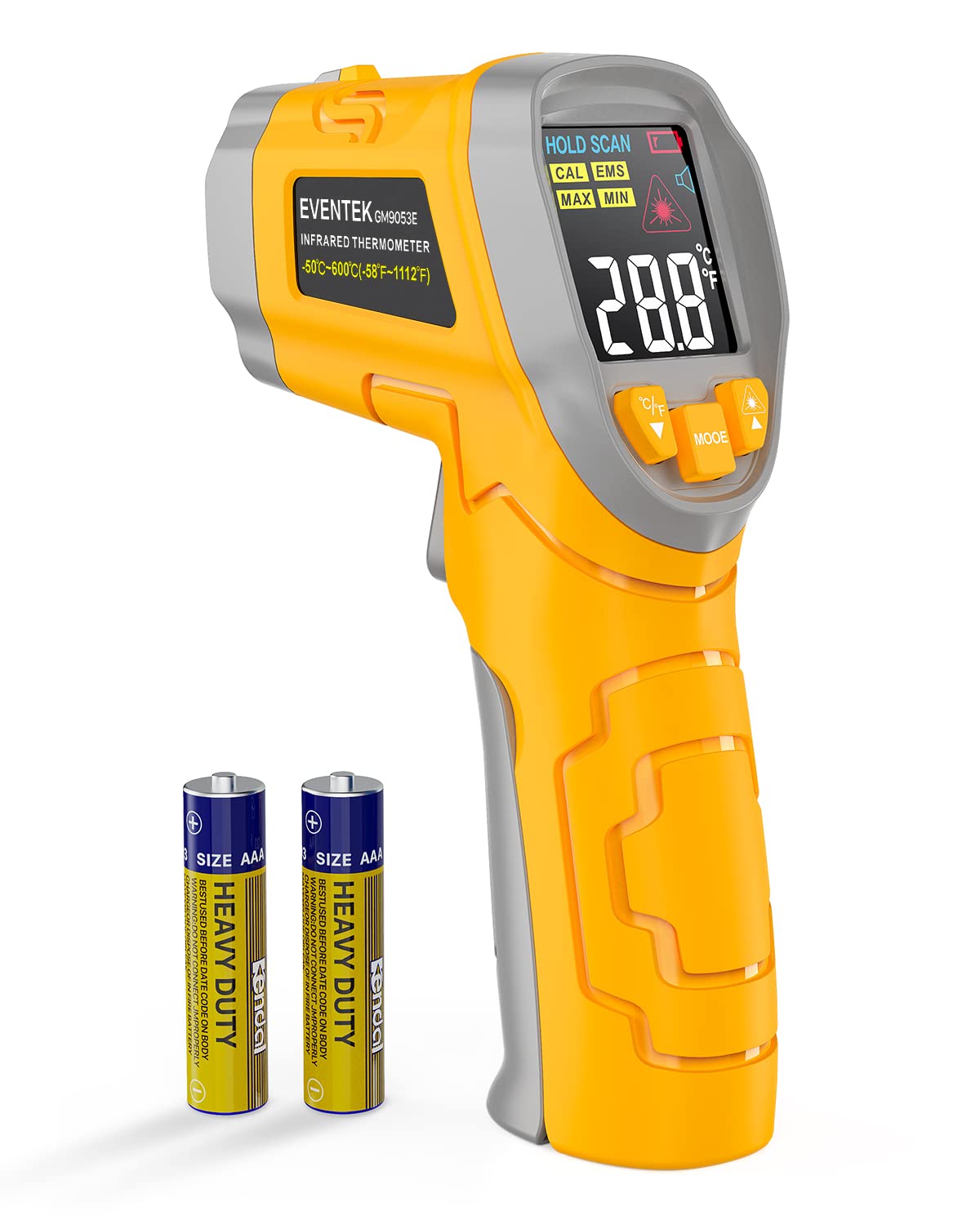 Eventek Digital Infrared Thermometer, -58℉～1112℉(-50℃～600℃) Non-Contact Laser Temperature Gun with Color Display & Adjustable Emissivity for Cooking/BBQ/Food/Fridge/Pizza Oven/Engine (Not for Human)