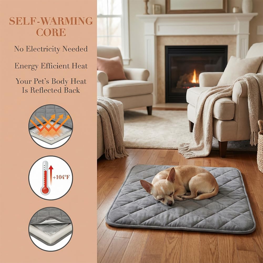 Thermal Reflection Pad for Dogs Cats, 5-Layer Self-Warming Dog Bed Mat, No-Electricity cat Heating pad, Washable Non-Slip Pet Pad, Indoor Outdoor Use for Small Medium Dogs and Cats (Gray, X-Large)