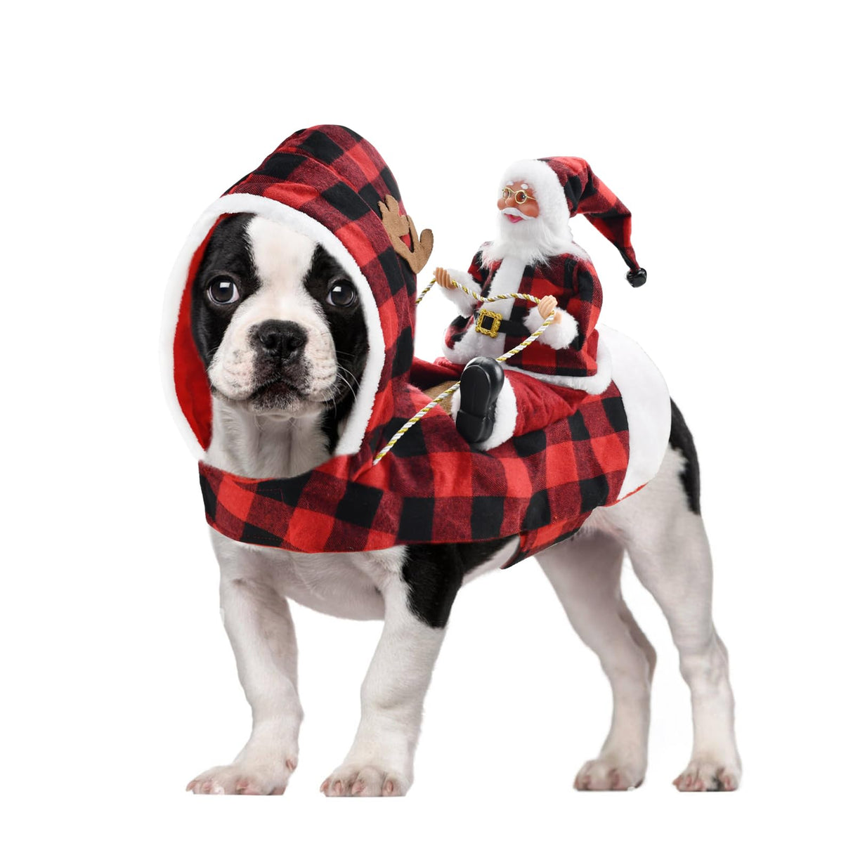 CooShou Dog Christmas Costume Running Santa Claus Riding on Pet Christmas Winter Plaid Hoodie Coat for Dog Cat Christmas Holiday Outfit Pet Xmas Dog Clothes S