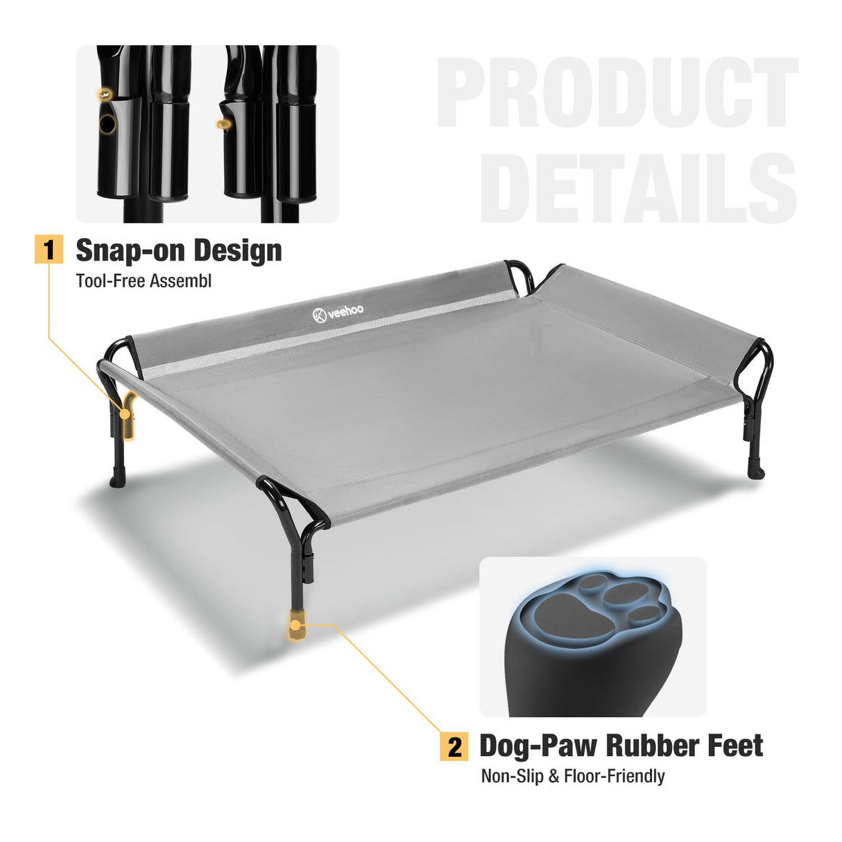 Veehoo Cooling Elevated Dog Bed, Raised Pet Cot with Guardrail & Slope Headrest, Durable Breathable Teslin Mesh, Non-Slip Feet, Washable Dog Couch Bed for Indoor & Outdoor, Medium 39.5" x 28", Gray