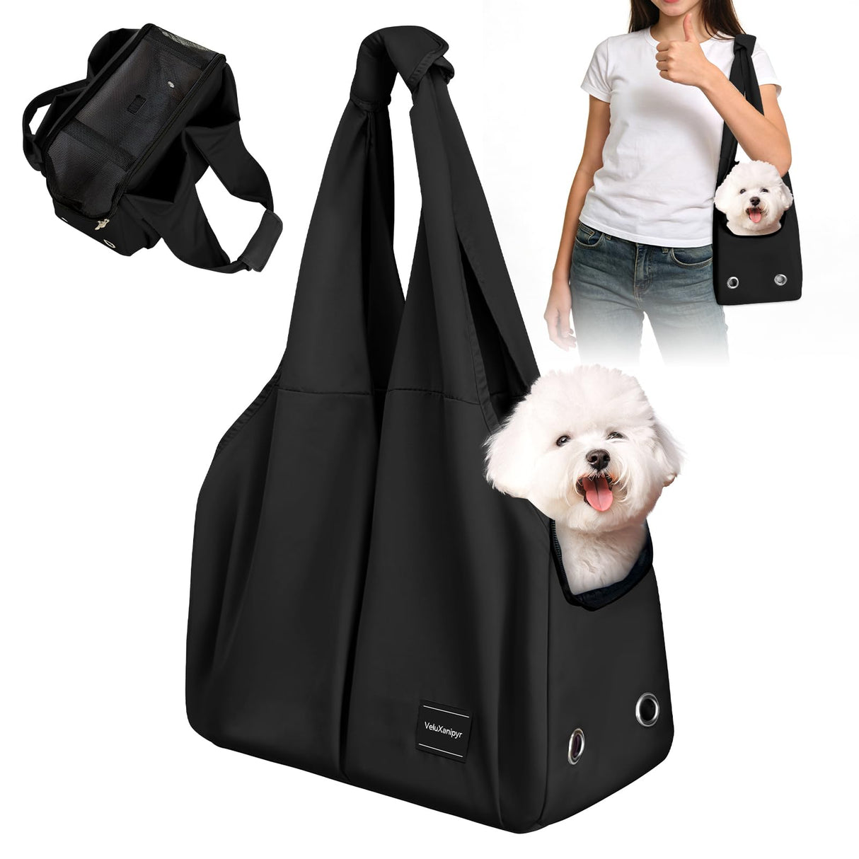 VeluXanipyr Dog Purse Carrier, Small Dog Cat Puppy Outdoor Portable Bag, Foldable Breathable 3‑Speed Zipper Access Pet Travel Bag with Large-Capacity Pockets, 15 lbs Capacity,Black