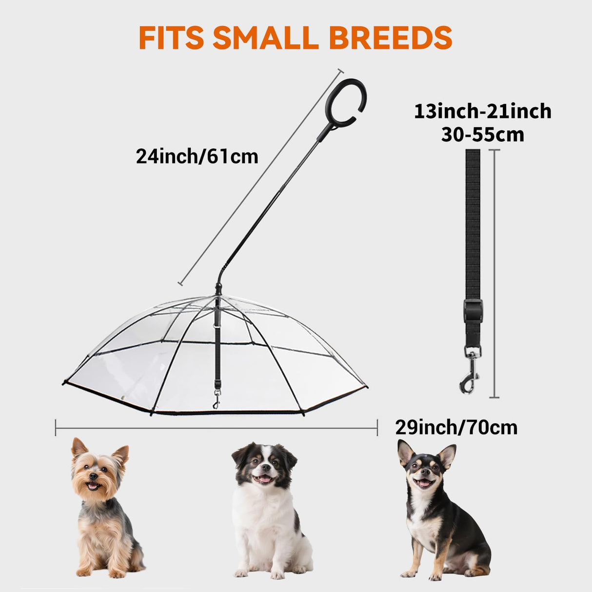PETLESO Dog Umbrella for Small Breeds, Clear Small Dog Umbrella with Leash, Keep Pet Dry on Rainy Walks, Adjustable Shaft Angle Rain Umbrella, Self-Assembly, Metal Chain