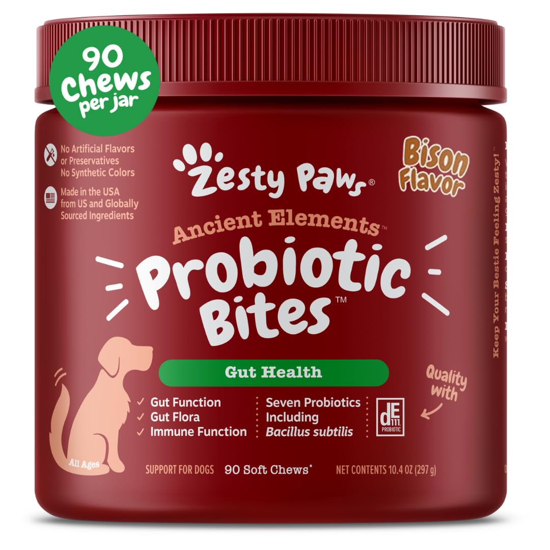 Zesty Paws Probiotics for Dogs, Digestive Enzymes Gut Flora, Digestive Health, Diarrhea & Bowel Support, DE111, Dog Probiotics Soft Chew for Pet Immune System, Chicken, 90 Ct