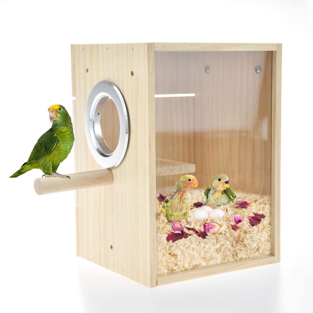 CooShou Bird Nest Box Parakeet Breeding Nest Box Bird Nest House Wooden Acrylic Transparent Breeding Box for Finch Lovebirds Cockatiel Budgie Conure Parrot