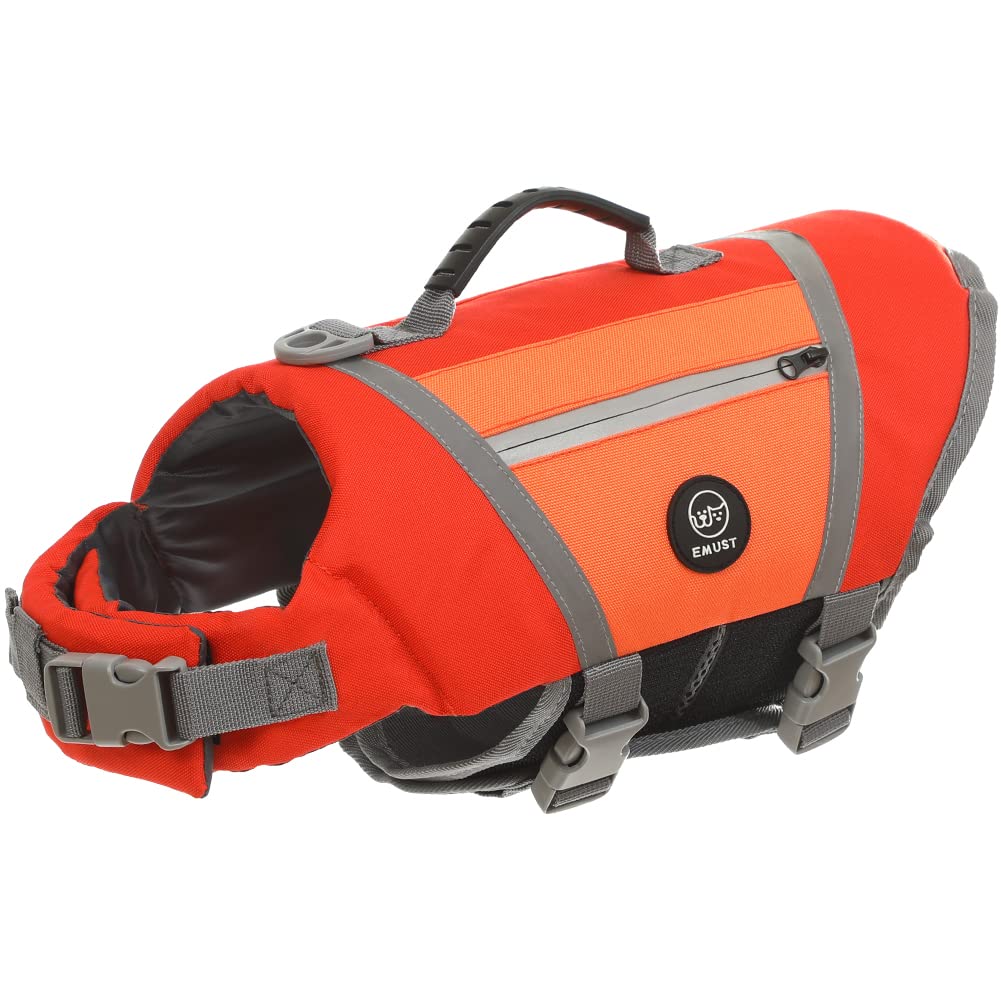 EMUST Dog Life Vests for Swimming, Adjustable Dog Life Jackets for Small Dogs with Hook & Loop, Reflective Dog Swim Vest with Quick-Release Buckles for Bulldogs, Dachshunds, Corgis, Orange, S