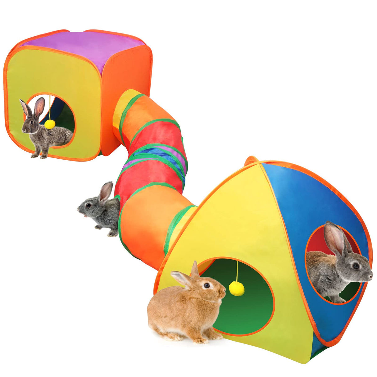 YUEPET Rabbit Tunnel and Cube Collapsible Tent Bunny Interactive Crinkle Tunnel Toys Small Animal Hideout with Play Ball for Dwarf Rabbit Bunny Guinea Pig (Rainbow)