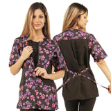 Ladybird Line 725 Pink and Purple Paw Print Waterproof Dog Grooming Smock, Hair and Bleach Resistant with Covered Zipper Panel, Solid Black Back, and Back Tie Belt - Ideal for Pet Groomers - L