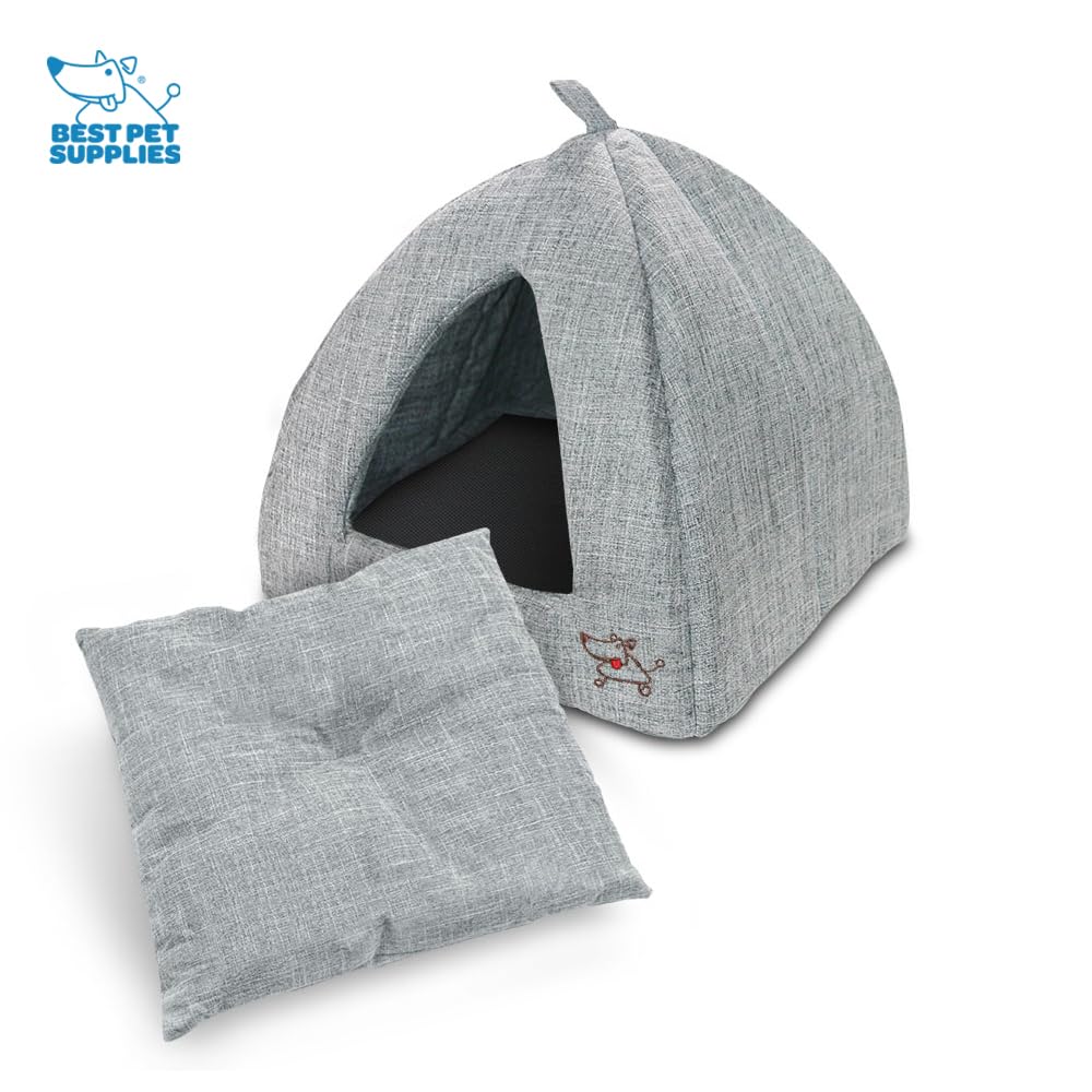 Best Pet Supplies Cat Bed for Indoor Cat, Domed Tent House with Removable Pillow, Covered Cat Cave for Small Dog, Puppies and All Breeds of Cats - Gray Linen, 16 x 16 x H:14"