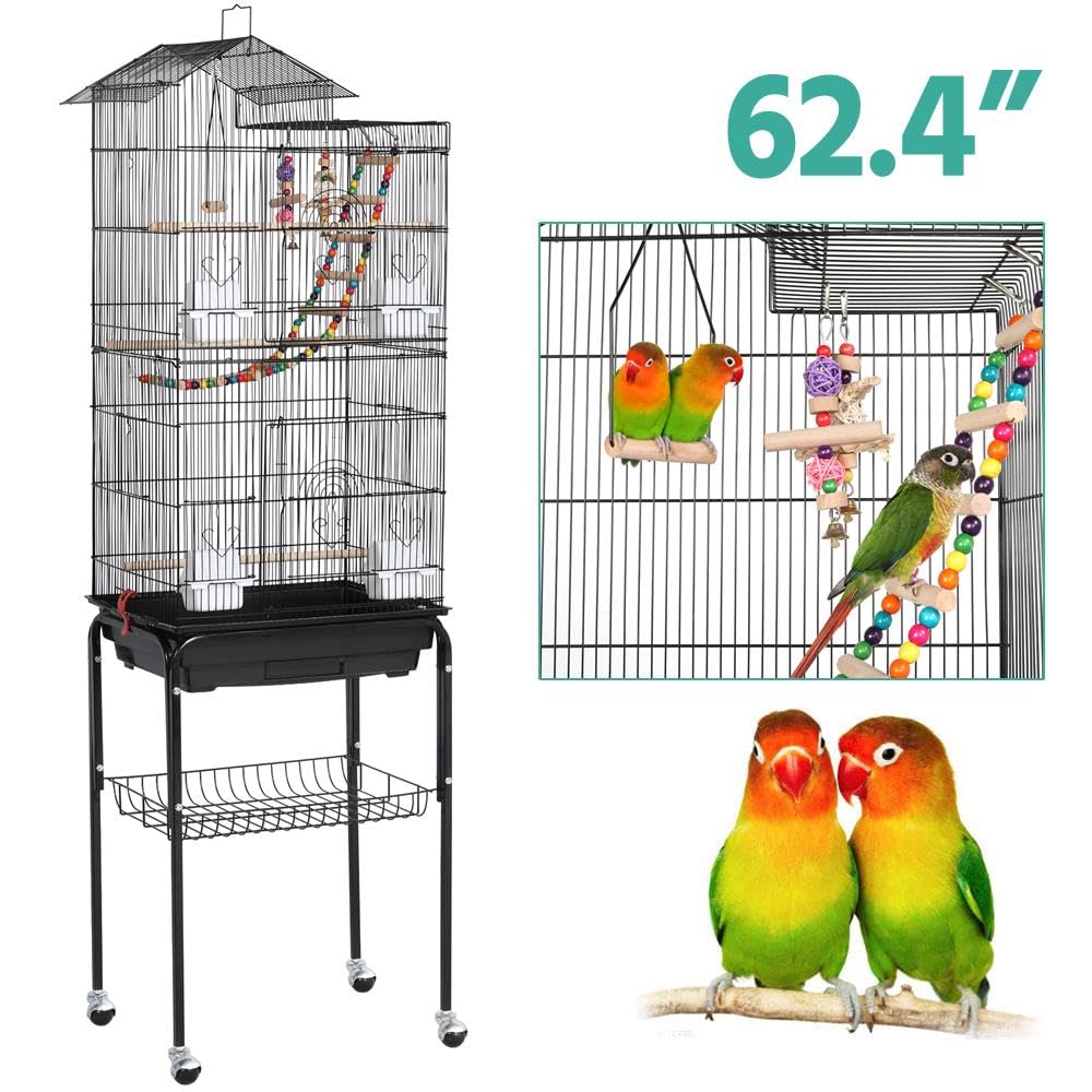 Yaheetech Bird Cage 64'' Medium Small Parrot Parakeet Bird Cages with Detachable Rolling Stand for Parrot Lovebirds Finches Parakeets Budgie Parrotlet Conures, Pet Flight Birdcage