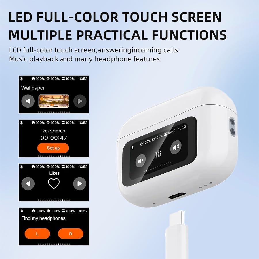 Wireless Earbuds with Multifunctional Touch Screen & 16 Language Switching Bluetooth 5.4 High-Fidelity Stereo Sound Clear Calls Compatible with Android & iOS