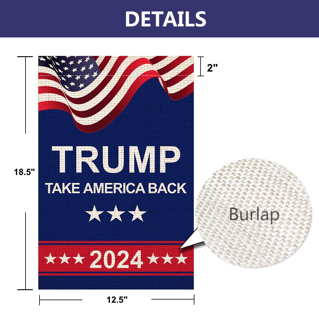 Shmbada American President Donald Trump 2024 Take America Back Burlap Garden Flag, Double Sided Premium Fabric, US Election Patriotic Outdoor Decoration Banner for Yard Lawn, 12.5" x 18.5"